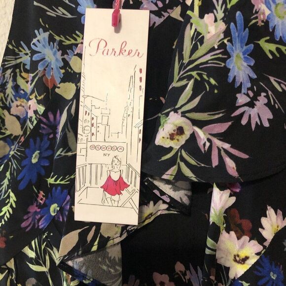 Parker Asymetrical 100% Silk Floral Print Midi Dress, Size 10 - Picture 5 of 7